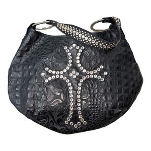 Raviani Black Crocodile Leather Swarovski Crystal Cross Bag